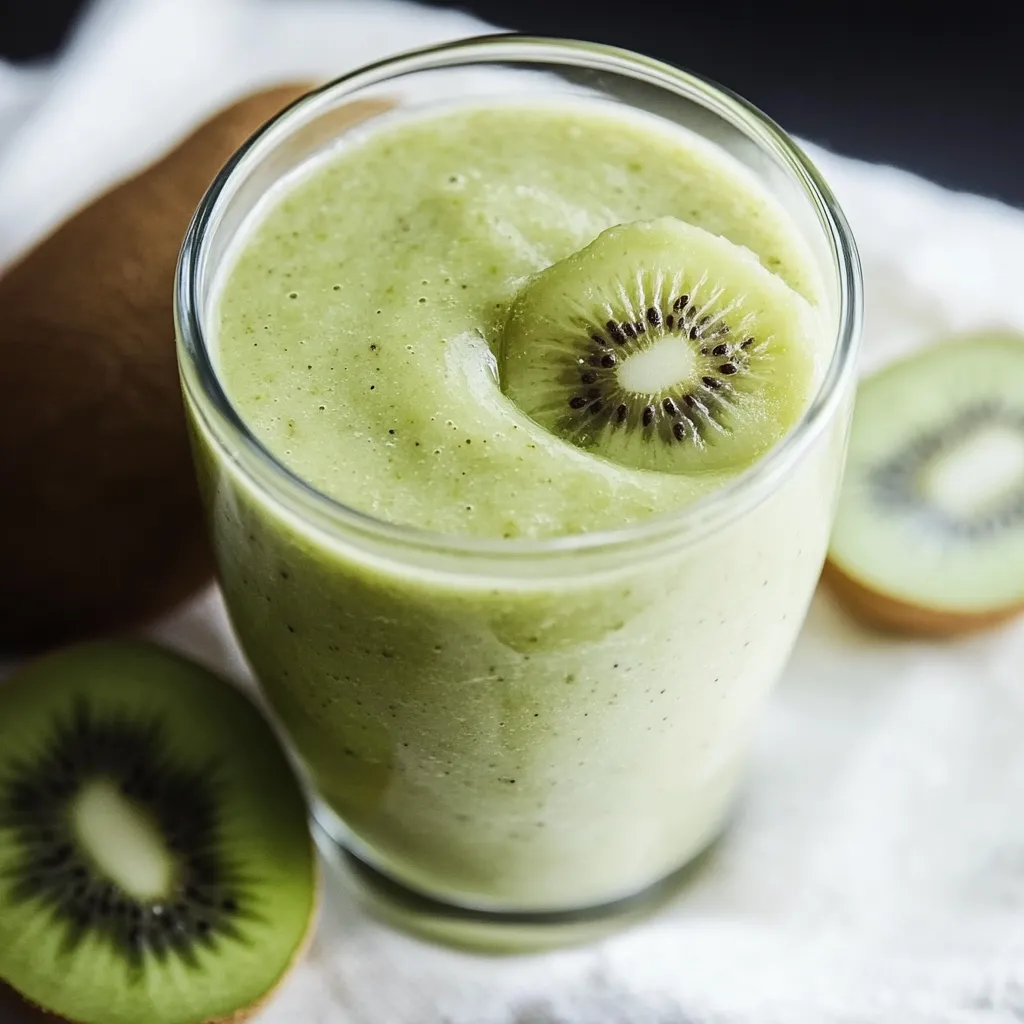 Ein Glas mit grünem Smoothie, der eine Kiwifrucht darstellt.
