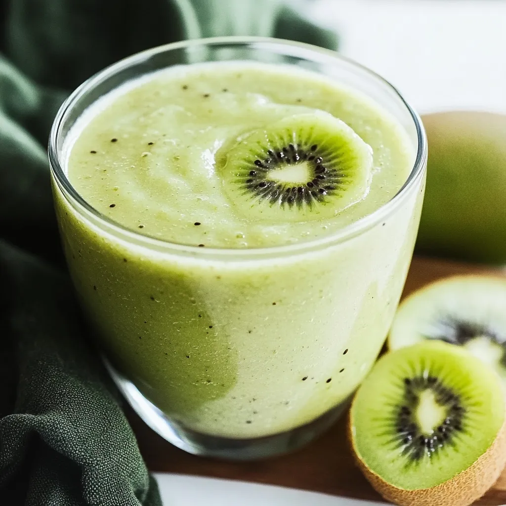 Ein Glas mit einer Mischung aus Kokosmilch, Kiwi und anderen Zutaten.