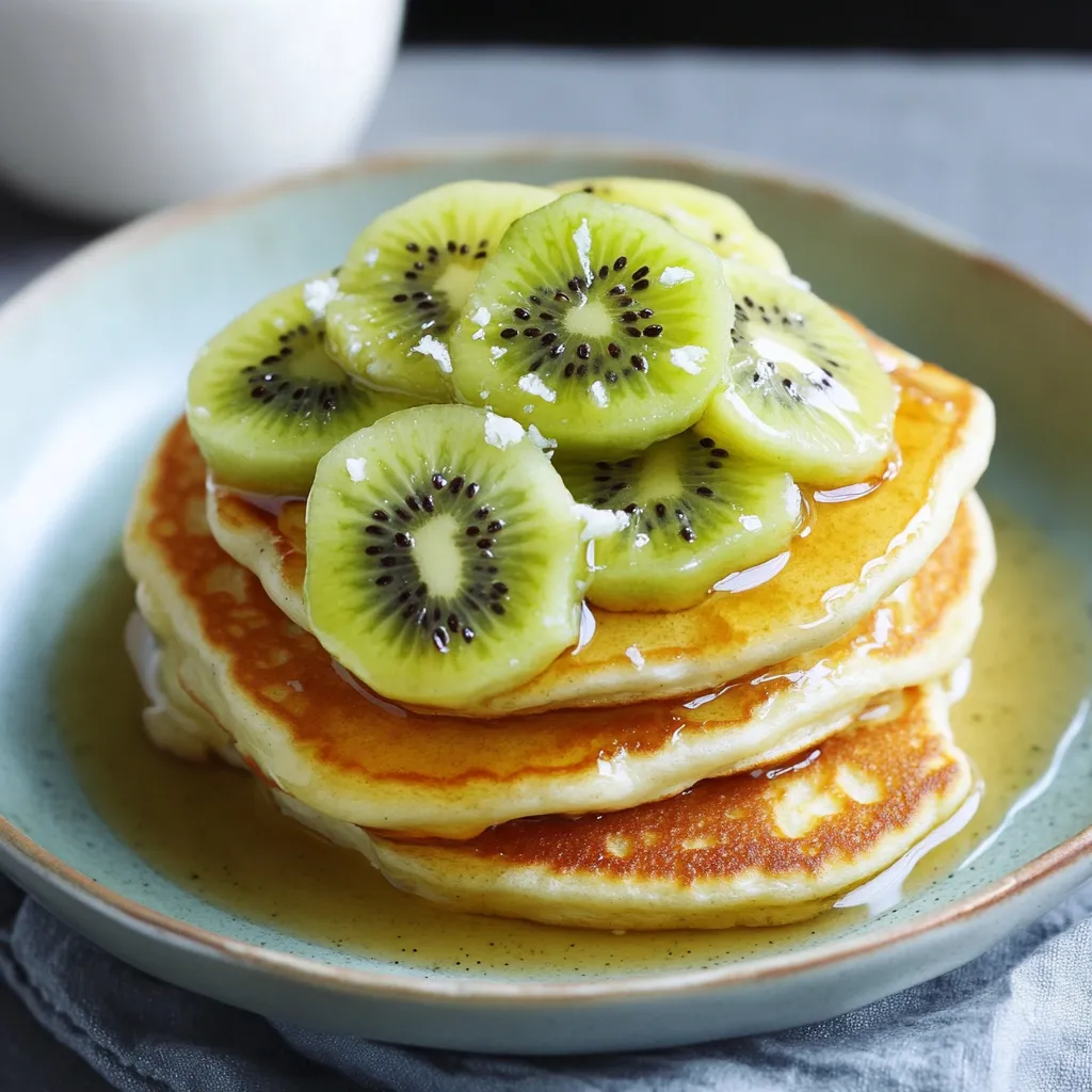 Ein Plateau mit Pancakes, die mit Kiwis und Zucker bestreut sind.