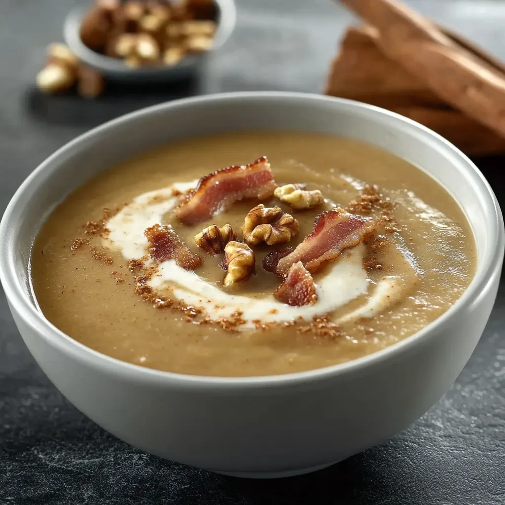 Ein weißer Becher mit einer cremigen Masse, die mit Baconstreifen und Walnussstreifen garniert ist.