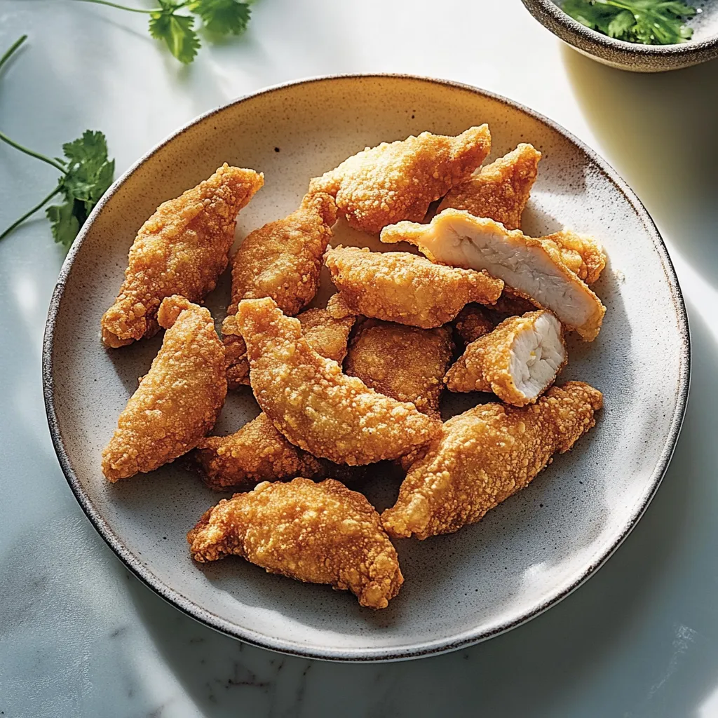 Ein Plate mit frisch zubereiteten Chicken-Streifen.
