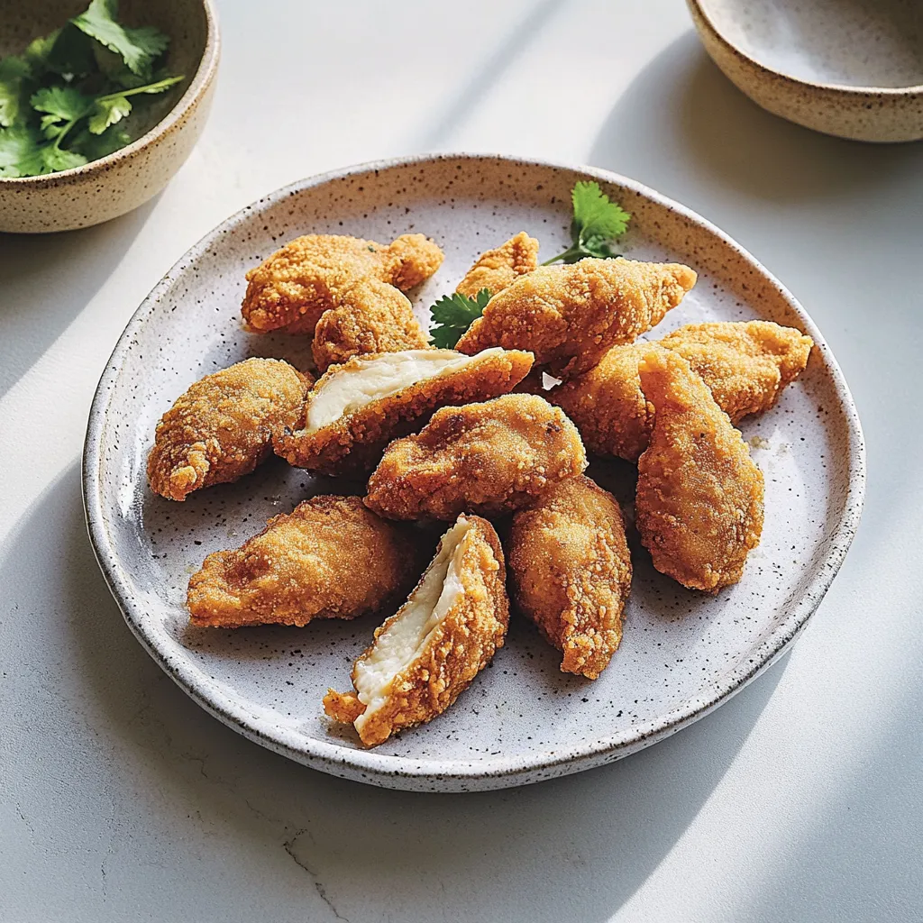 Ein Plate mit frisch zubereiteten Chicken-Fleischstücken.