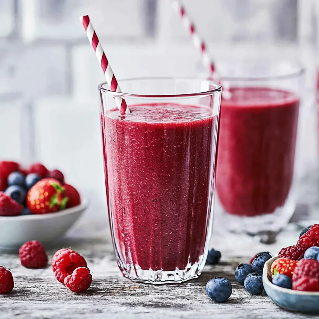 Eine Tasse mit einem roten Smoothie vor einem Glas mit einem Blau-Weiss-Smoothie.