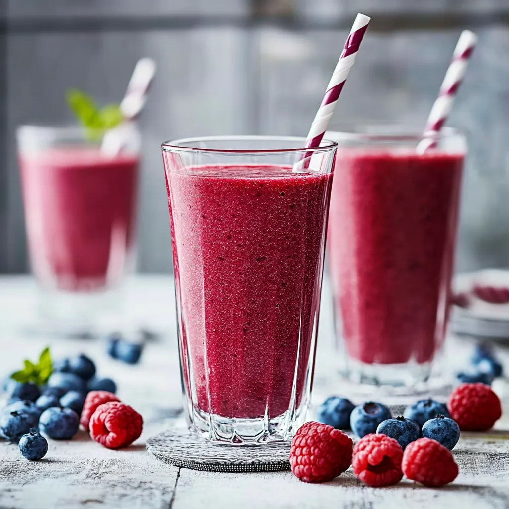 Zwei Gläser mit Raspberry Smoothie auf einem Tisch.