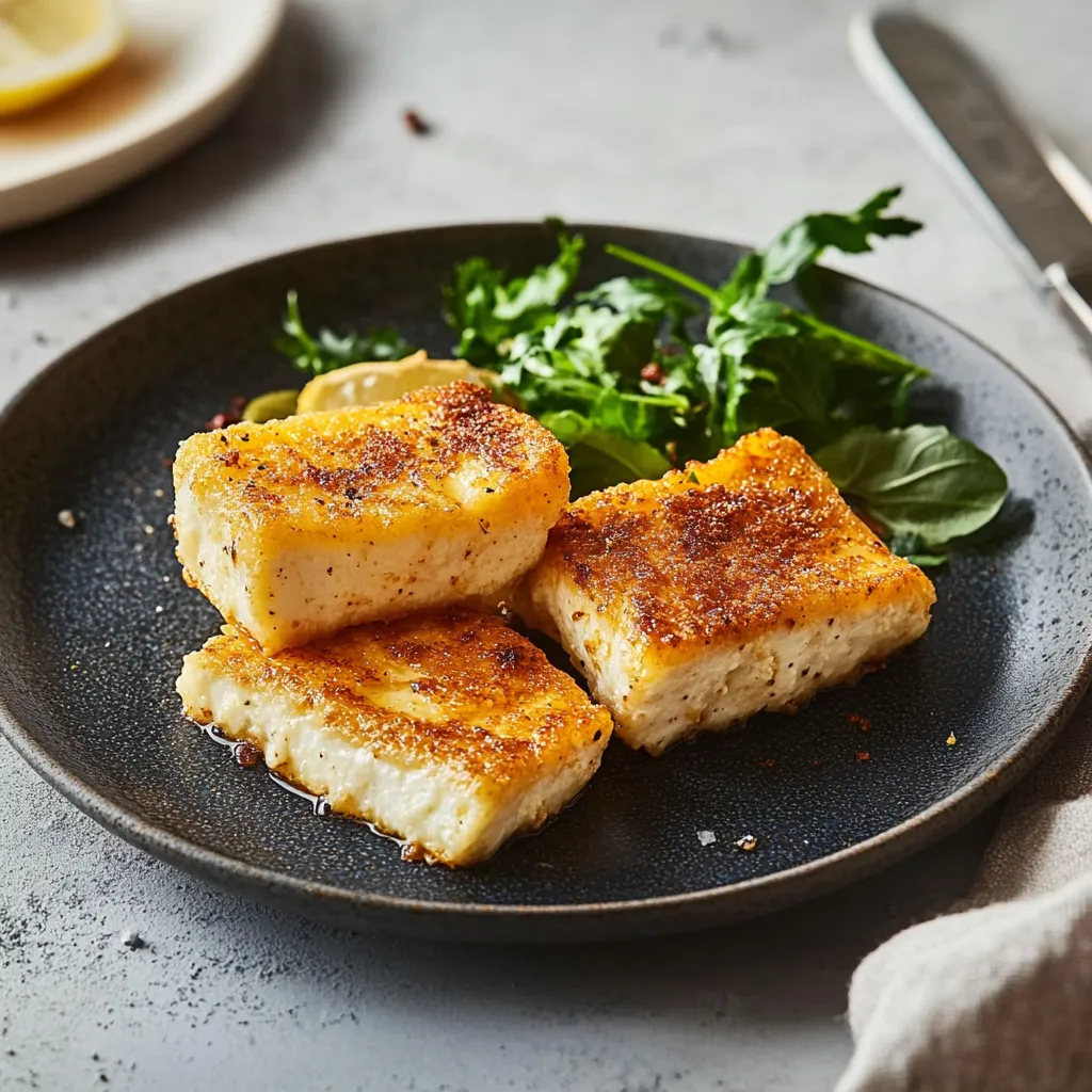 Ein Plate mit zwei Scheiben gebratener Fisch- oder Käseknochen, die mit grünen Blattchen und einer Zwiebel garniert sind.
