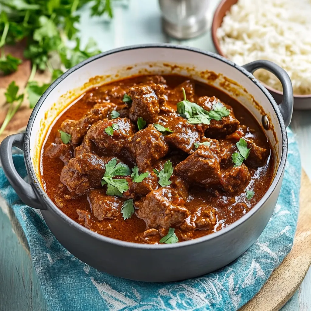 Ein Topf mit einer Mischung aus Fleisch, Zwiebeln und Gewürzen auf einem Tisch.