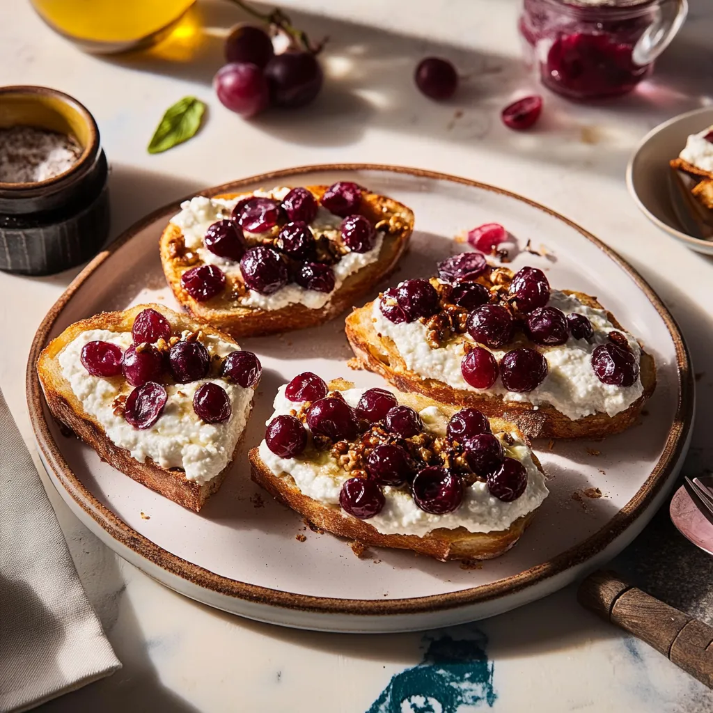 Eine Platte mit Toast, die mit Cherry-Topping und Mayonnaise garniert ist.