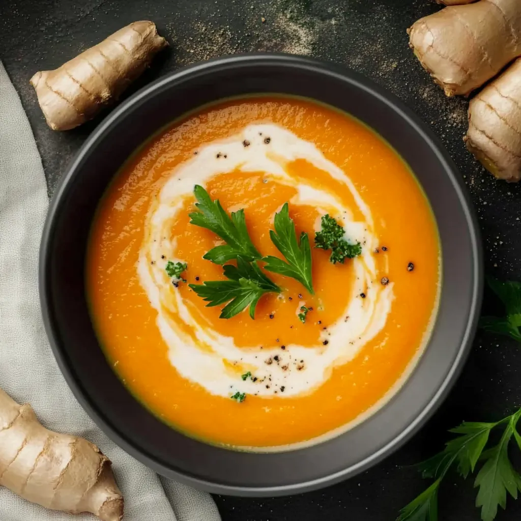 Ein Glas mit einer cremigen, orangefarbenen Suppe, die mit Zwiebeln und Gewürzen garniert ist.