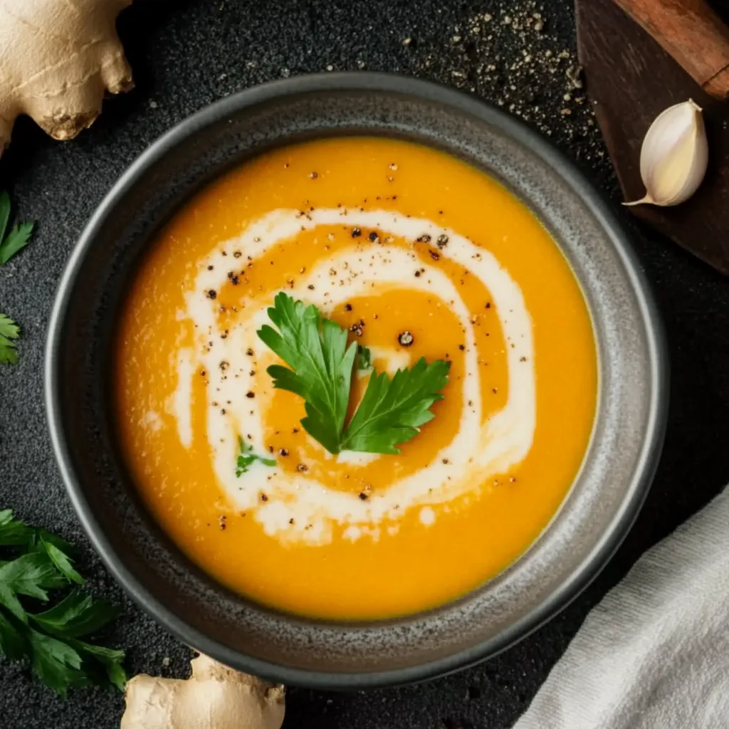 Ein Glas mit einer cremigen, kräftigen Suppe, die mit Zwiebeln und Gewürzen zubereitet wurde.