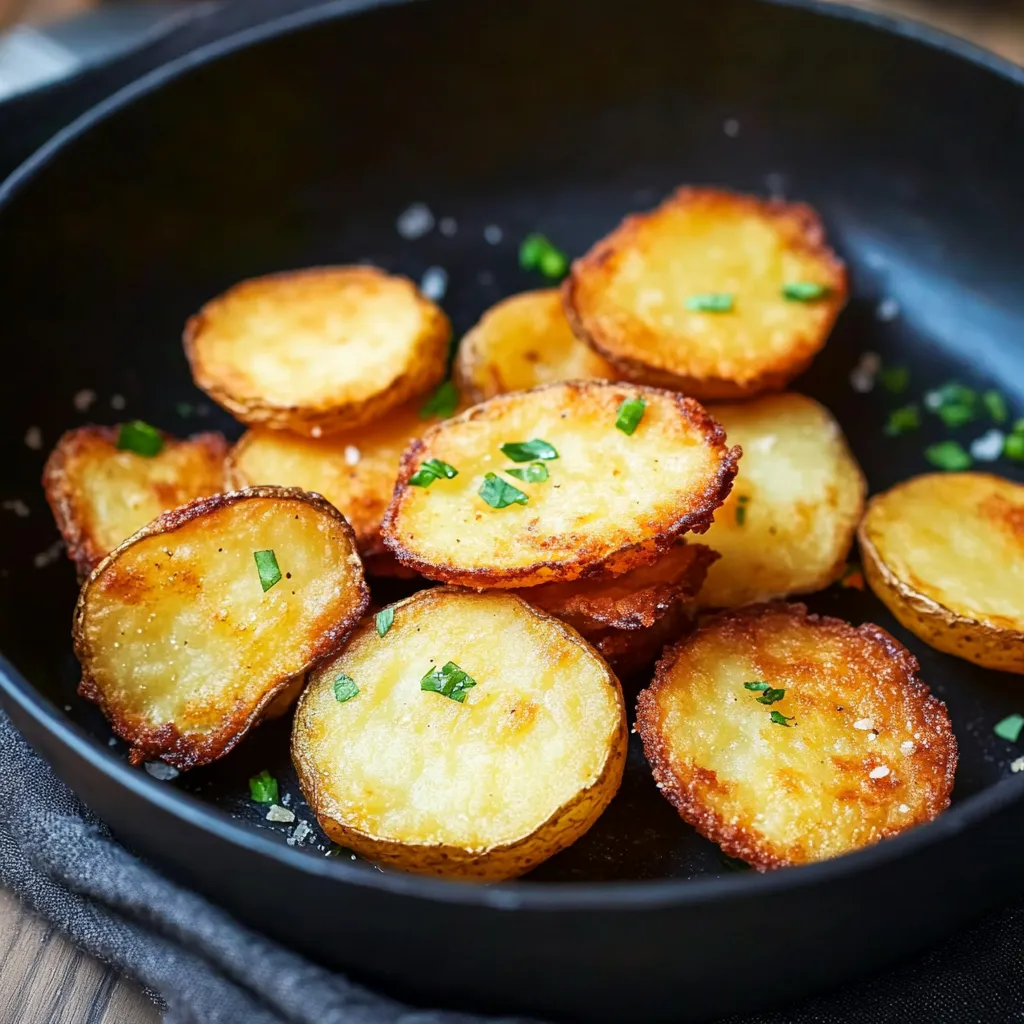 Ein schwarzes, leeres Töpfchen mit frisch zubereiteten, knusprigen Kartoffeln.