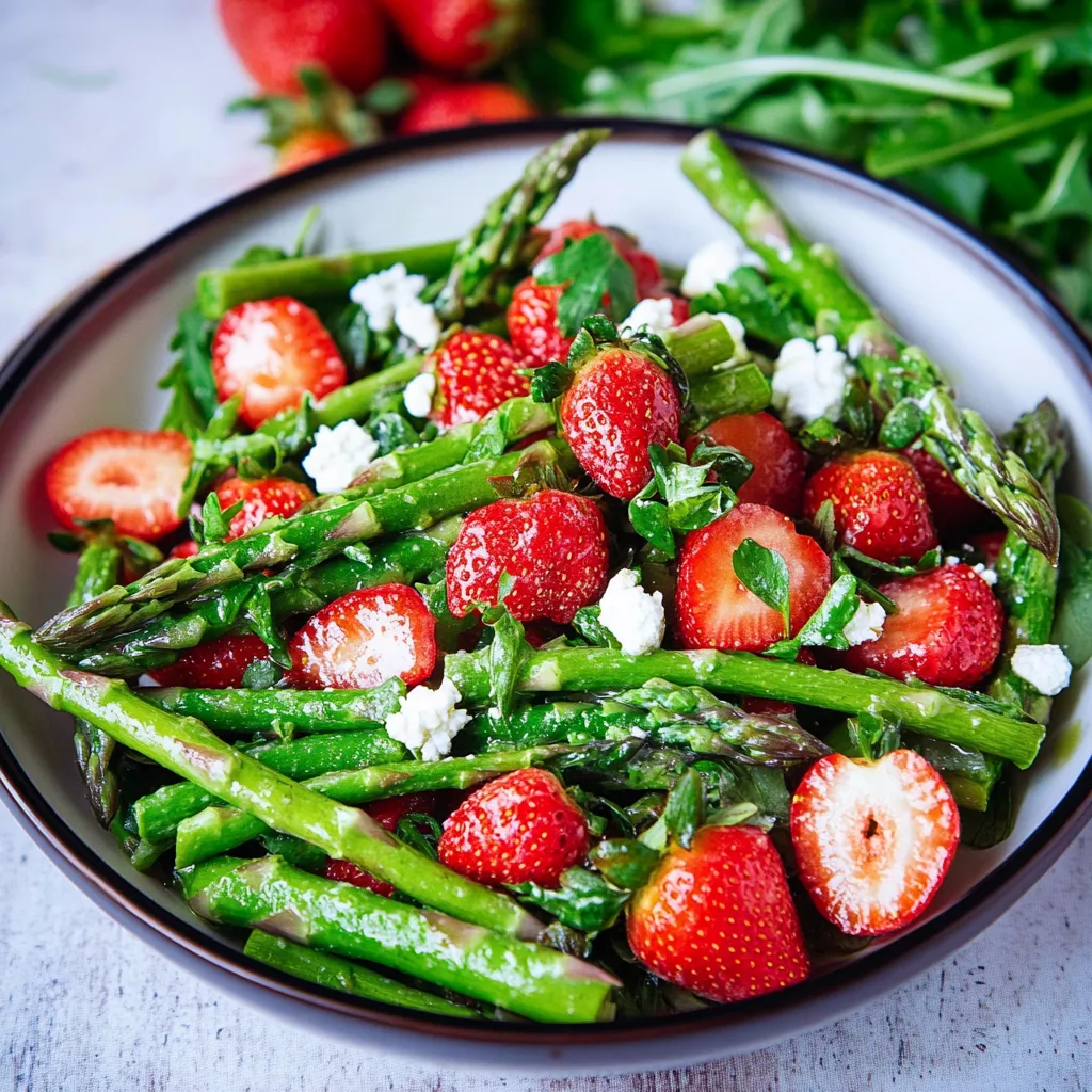 Ein Schälchen mit grünen Asparagus, roten Strawberries und grünen Blattsalat.