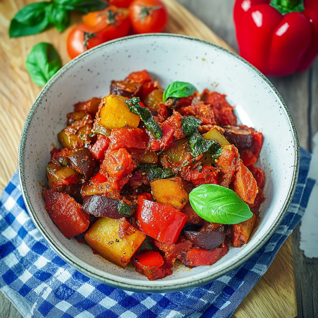 Ein Schüssel mit einer Mischung aus Gemüse, darunter Tomaten, Paprika, Zwiebeln und Basilikum.