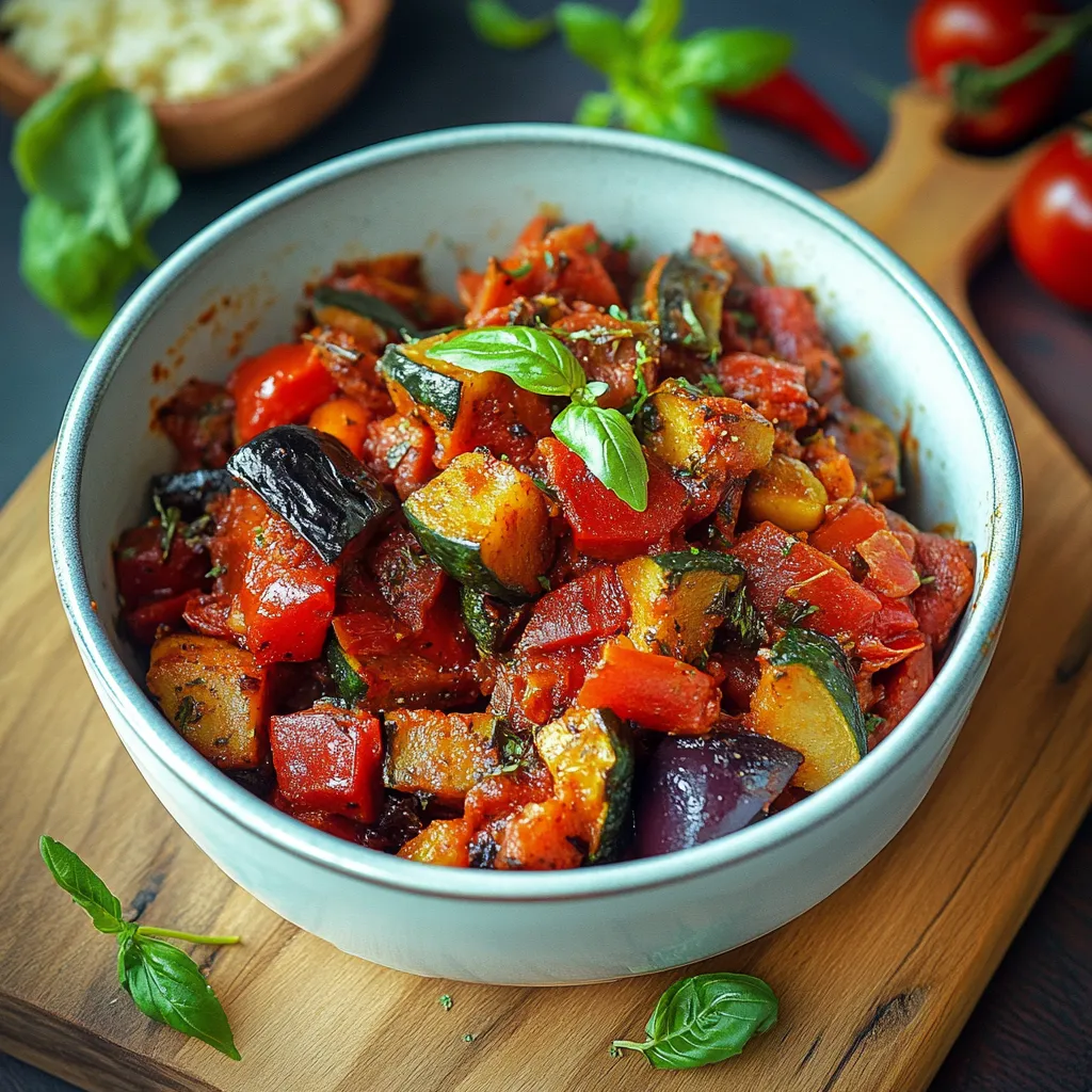 Ein weißer Teller mit einer Mischung aus Gemüse, darunter Zucchini, Paprika, Tomaten und Karotten.