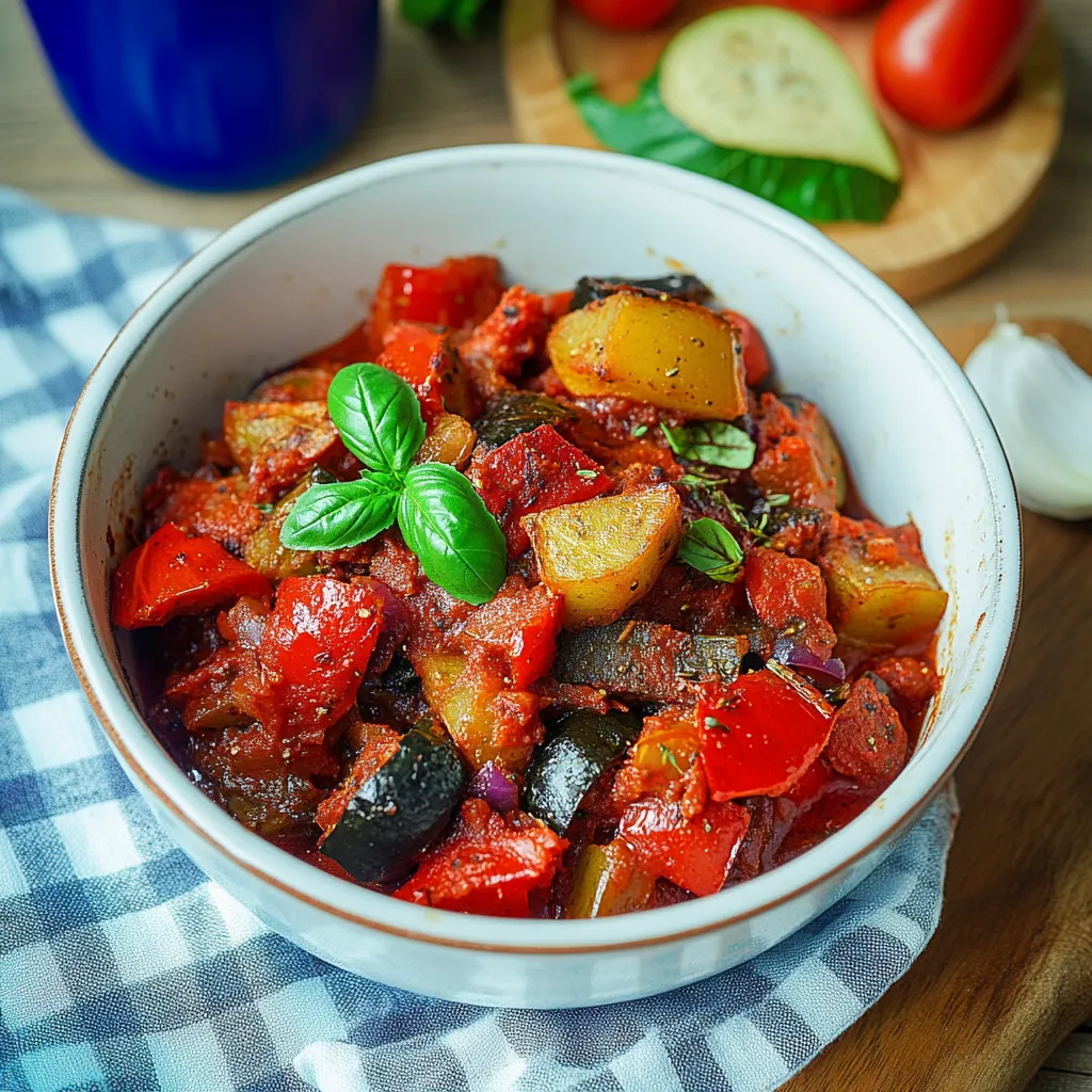 Ein weißer Teller mit einer Mischung aus Zwiebeln, Tomaten, Paprika, Basilikum und Zucchini.