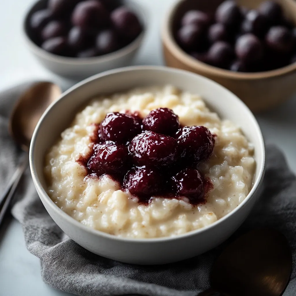 Ein weißer Becher mit Rice und Raspberries.