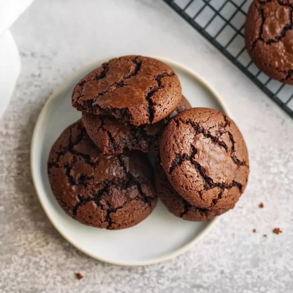 Ein weißer Teller mit sechs Chocolate-Brownies auf ihm.