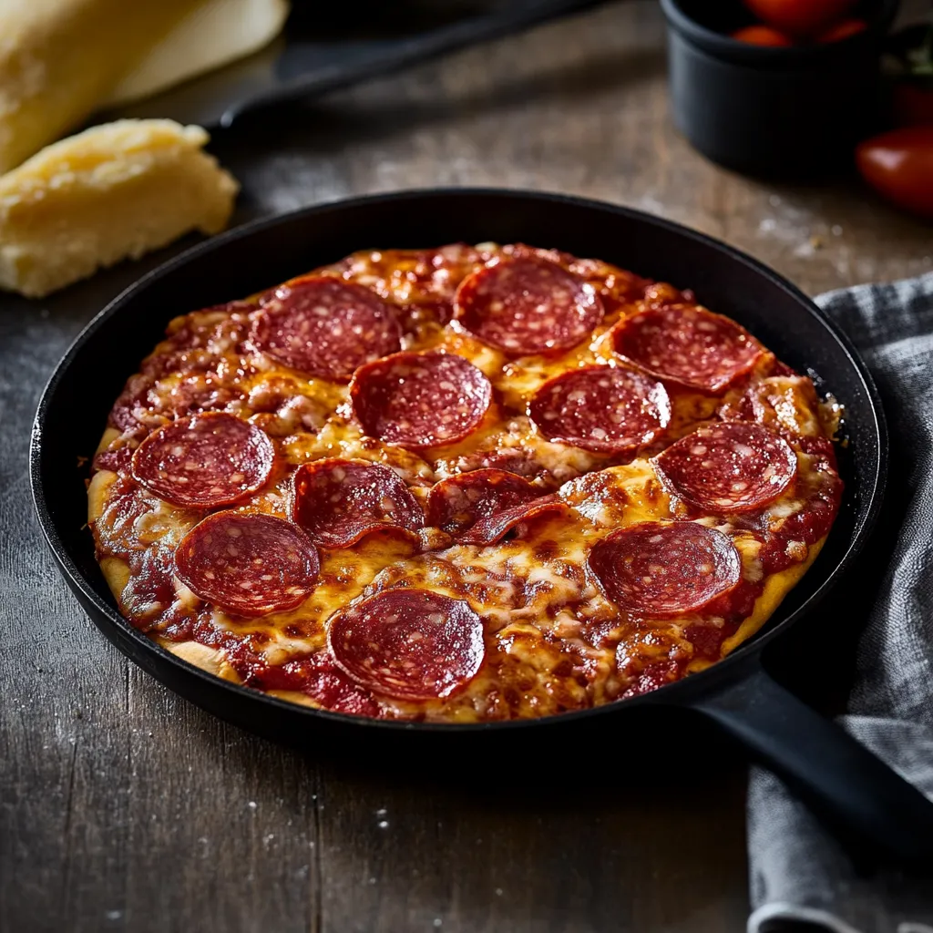 Eine Pizza mit Pepperoni und Mozzarella in einem schwarzen Teller auf einem Tisch.
