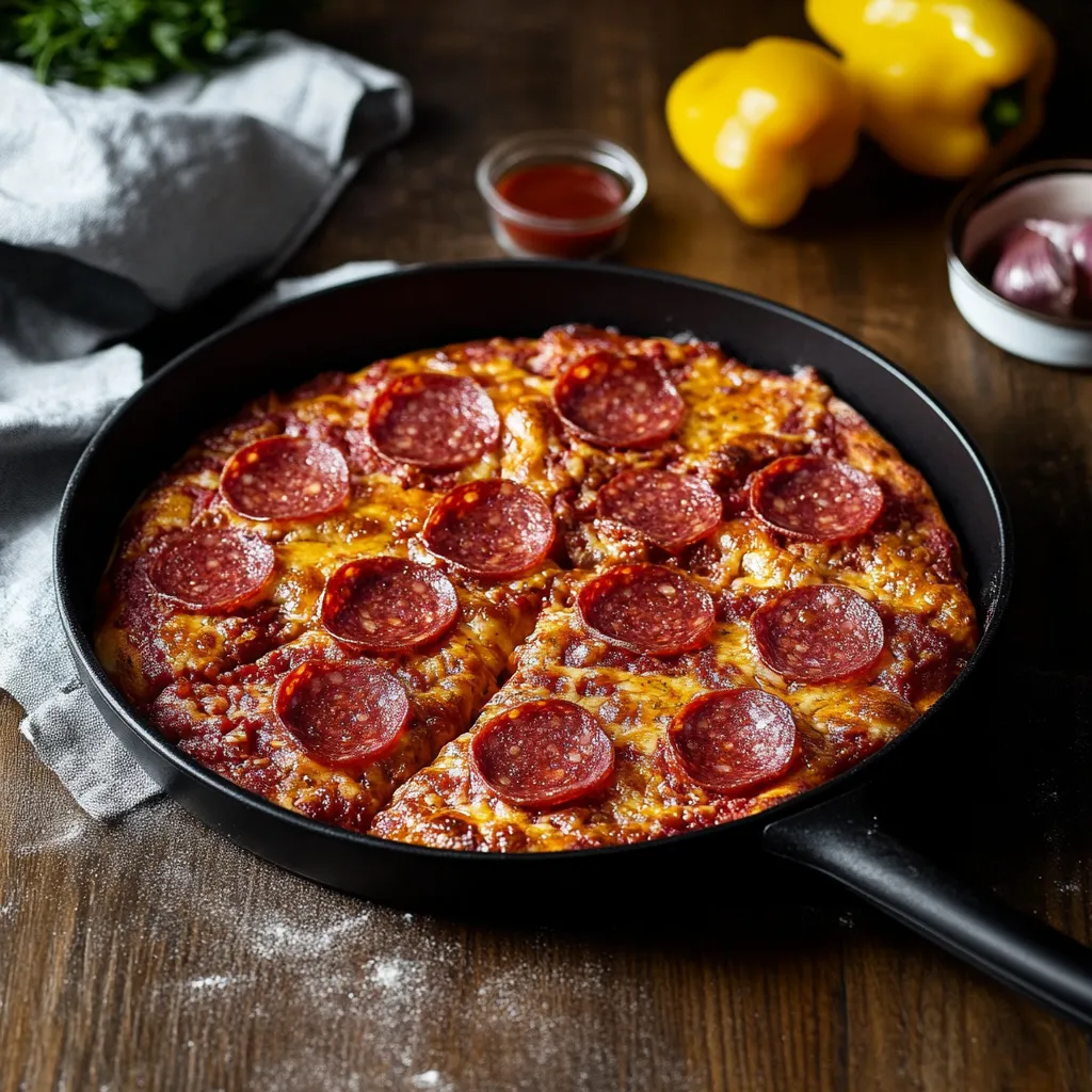 Eine Pizza mit Pepperoni und Mozzarella in einem schwarzen Teller auf einem Tisch.