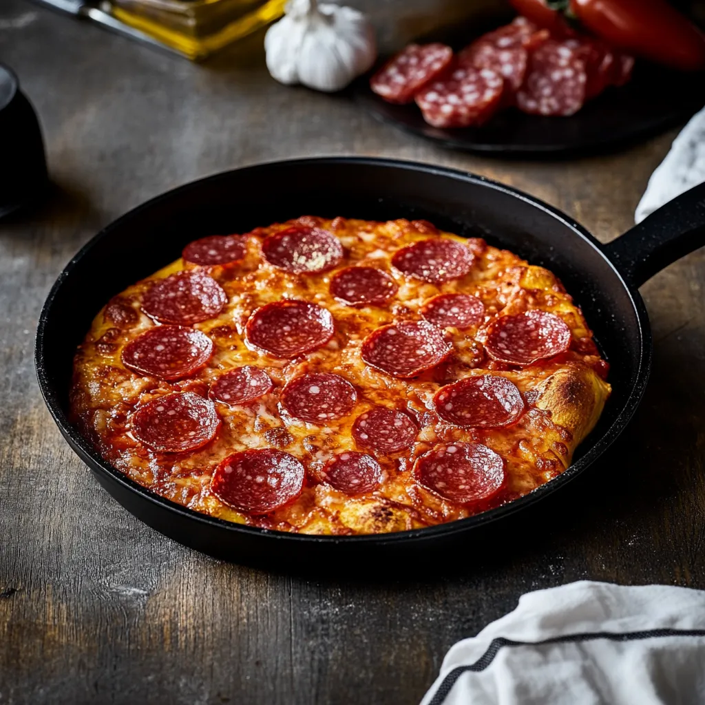 Eine Pizza mit Pepperoni in einem schwarzen Teller.