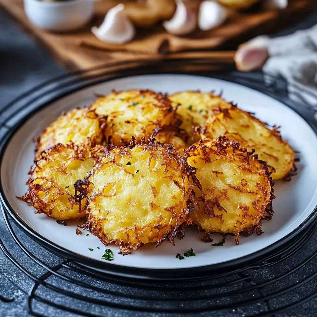 Ein weißer Teller mit sechs knusprigen, golden braunen Kartoffeln darauf.