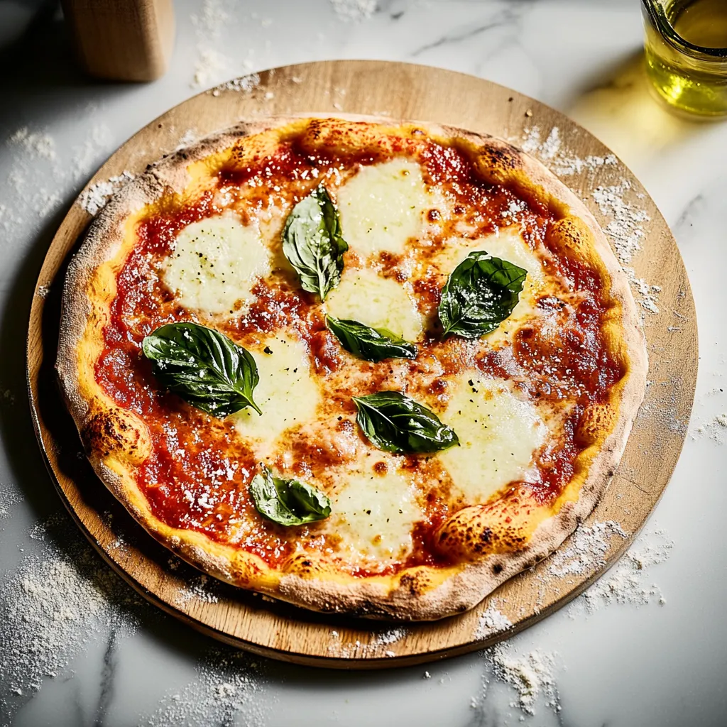 Eine pizza mit frischem Basilikum auf einem Brett.