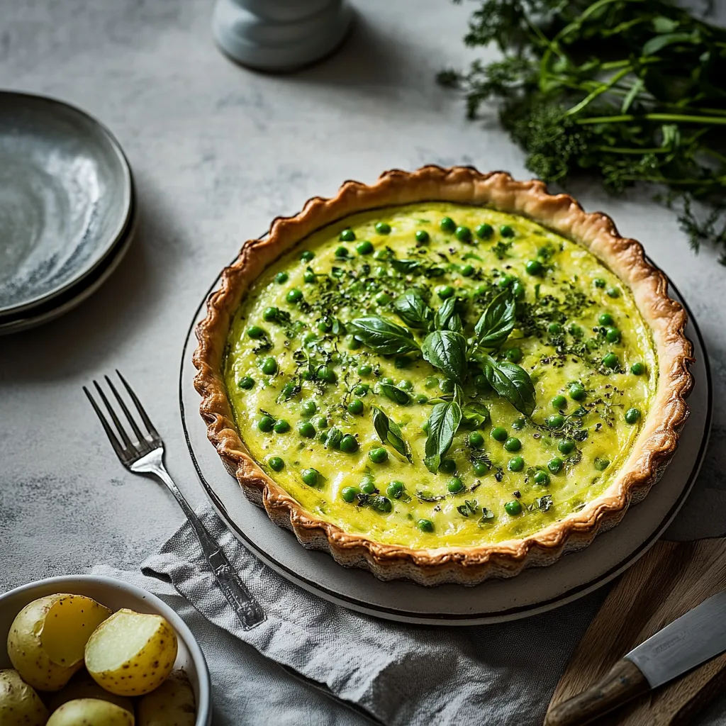 Ein Tart mit einer Schicht aus Peas und Spinat auf einem Platter.