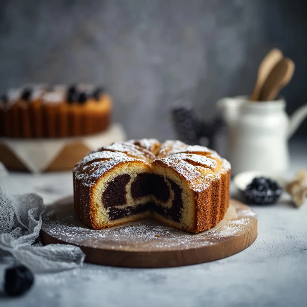 Ein Kuchen mit einer Schicht aus Schwarzbrot und Zucker auf einem Teller.