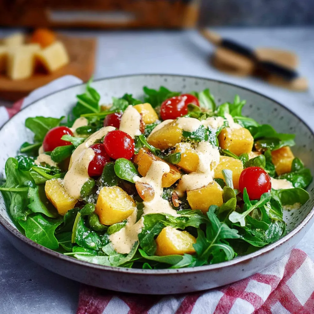 Ein Schüssel mit einer salatartigen Mischung aus Gemüse, darunter Tomaten, und einer cremigen Sauce.