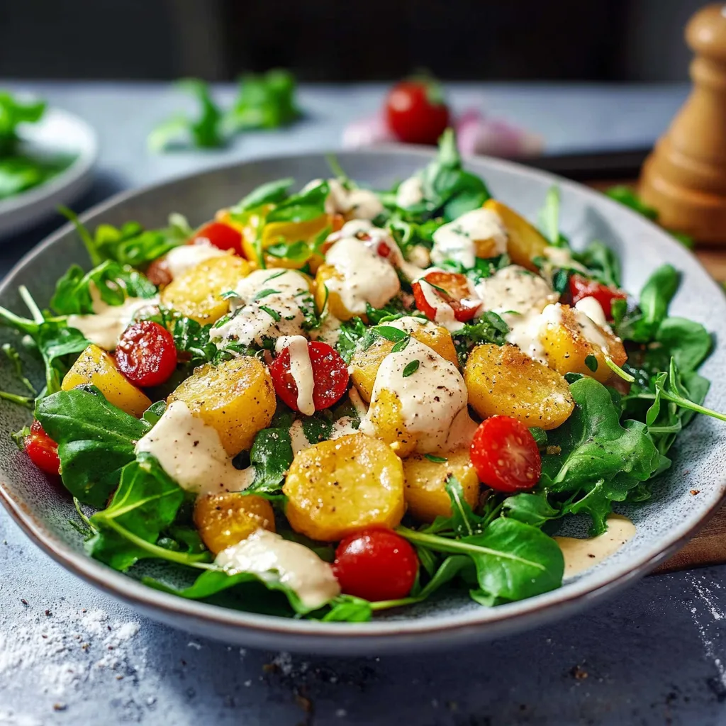 Ein großes, grünes Salatbeet mit vielen grünen Blättern und einer Mischung aus Zwiebeln, Tomaten, Paprika und Kartoffeln.