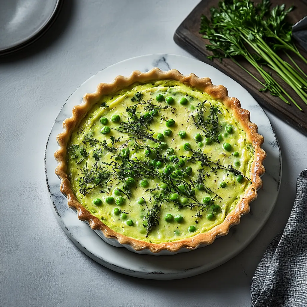 Ein kleiner, grünlicher Quarkkuchen mit einer Schicht aus Peas und Zwiebeln.