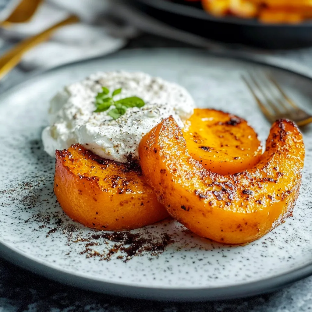 Eine Platte mit zwei halben Orange-Fruchtstücken, die mit Sahne und Zitronengras garniert sind.