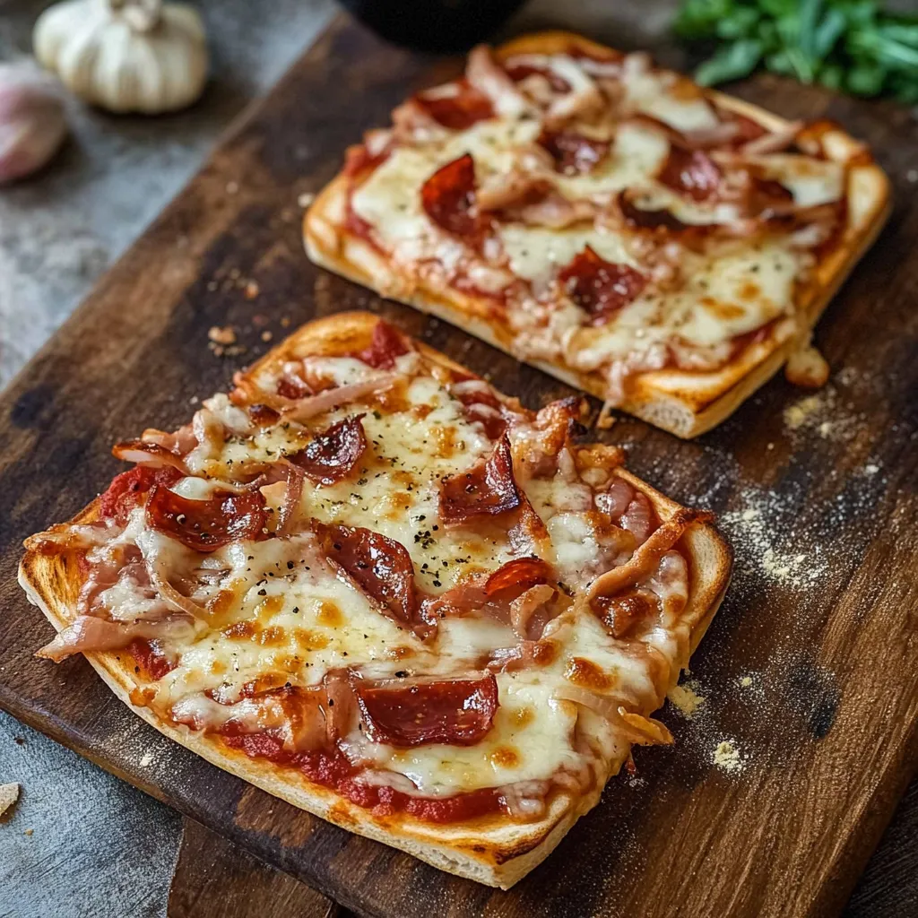 Zwei Scheiben Pizza auf einem Holzbrett.