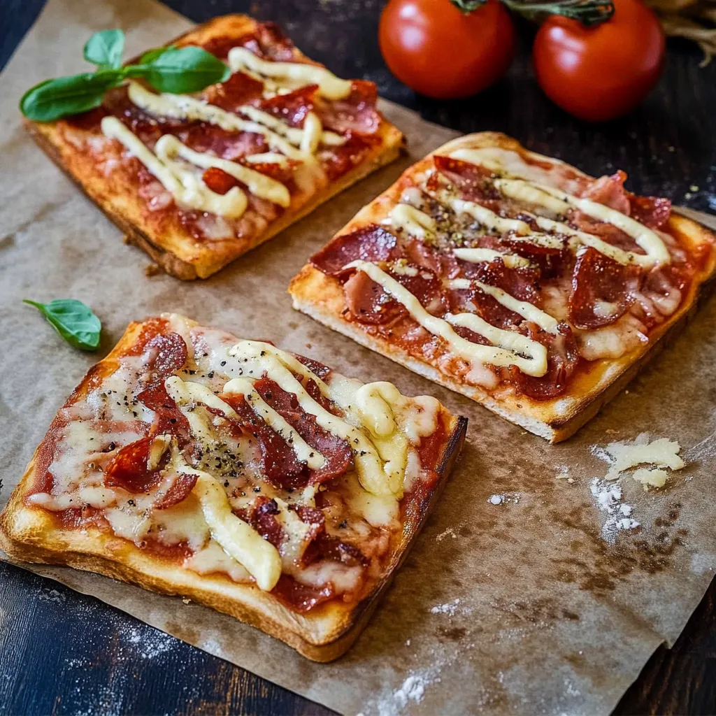 Zwei Scheiben Pizza mit Tomaten und Basilikum auf einer Papiere.