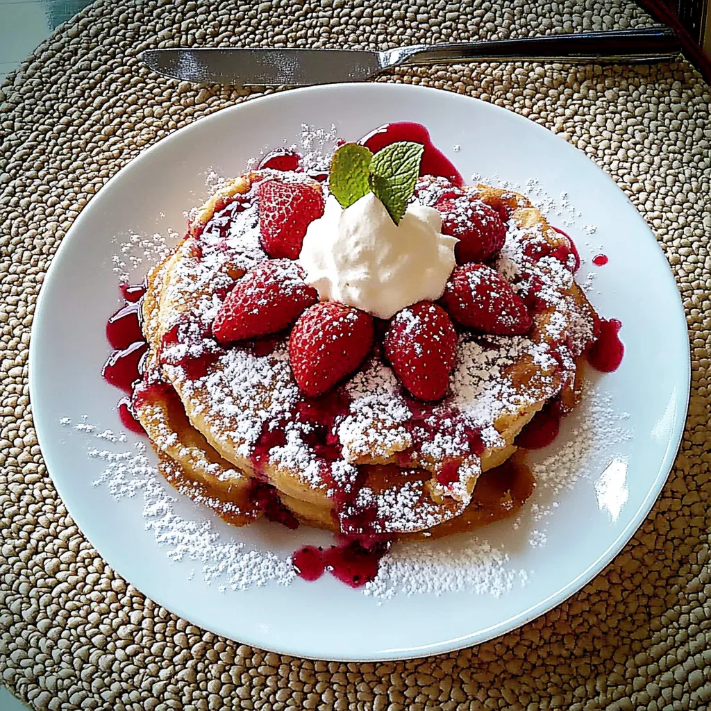 Ein weißer Teller mit einem Stück Kuchen, der mit Strawberries und Whipped Cream garniert ist.