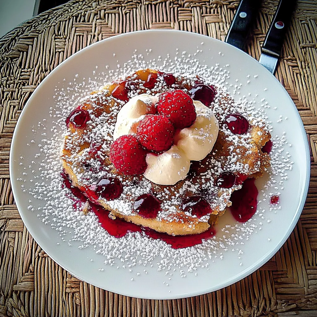 Ein weißer Teller mit einem Stück Kuchen, der mit Raspberry-Sauce und Vanille-Eis garniert ist.