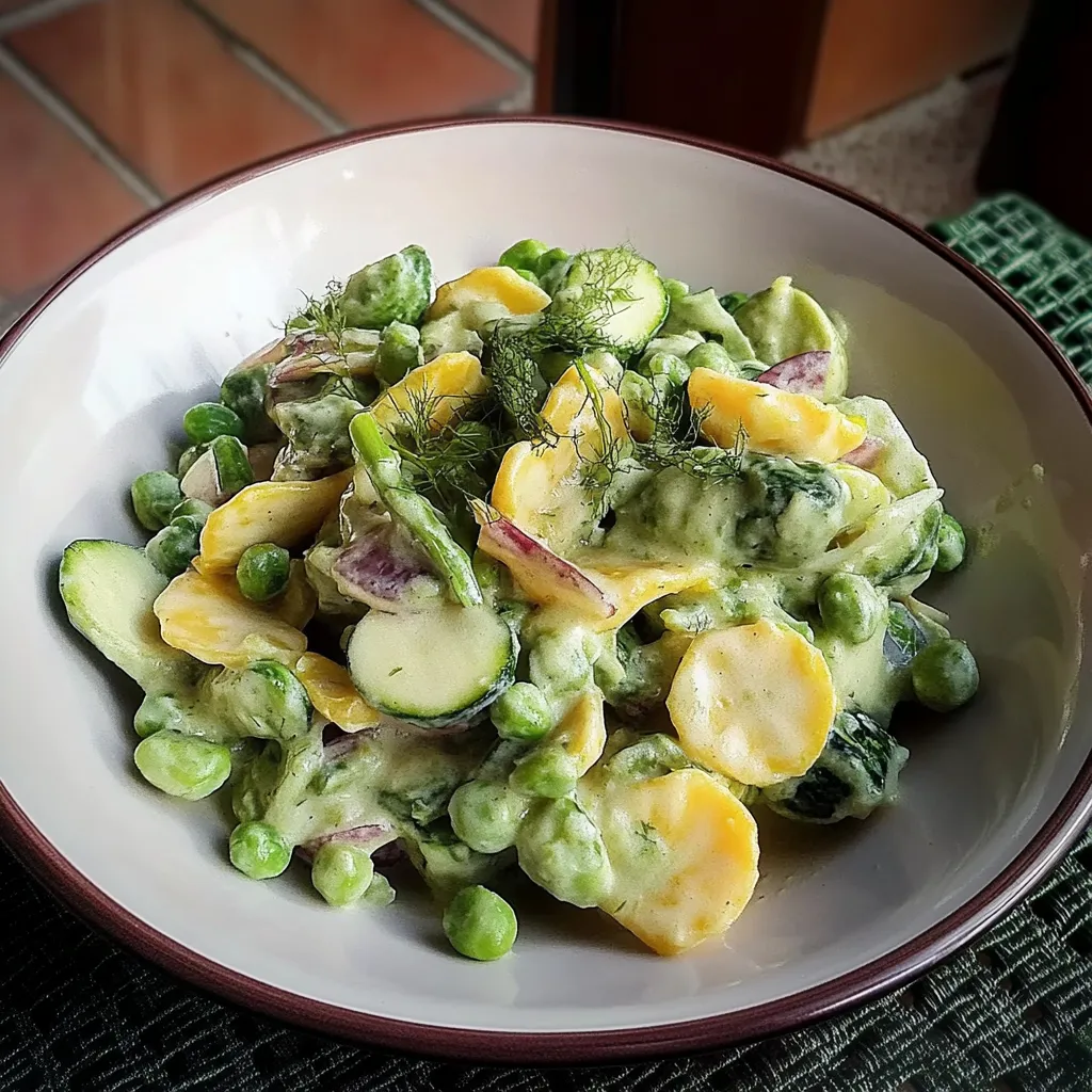 Ein weißer Teller mit einer Mischung aus Gemüse, darunter Zucchini, Peas, Broccoli und Kartoffeln.