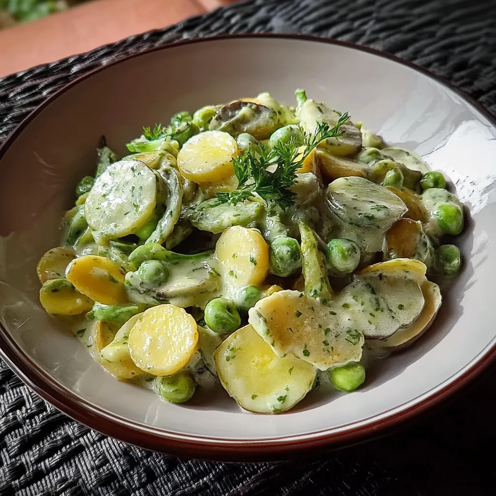 Ein weißer Teller mit einer Mischung aus Gemüse, darunter Kartoffeln, Peas, Zwiebeln und Garnelen.