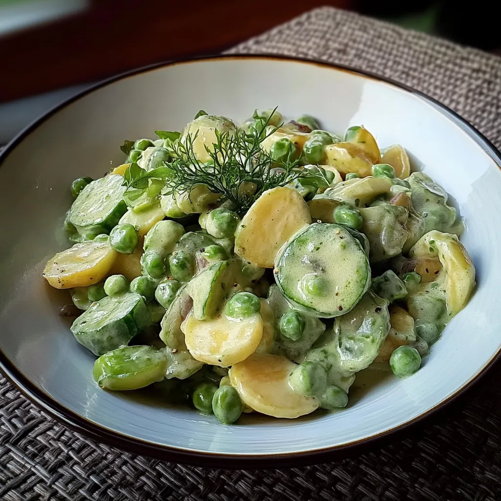 Ein weißer Teller mit einer Mischung aus Kartoffeln, Peas, Zwiebeln und anderen Gemüse.