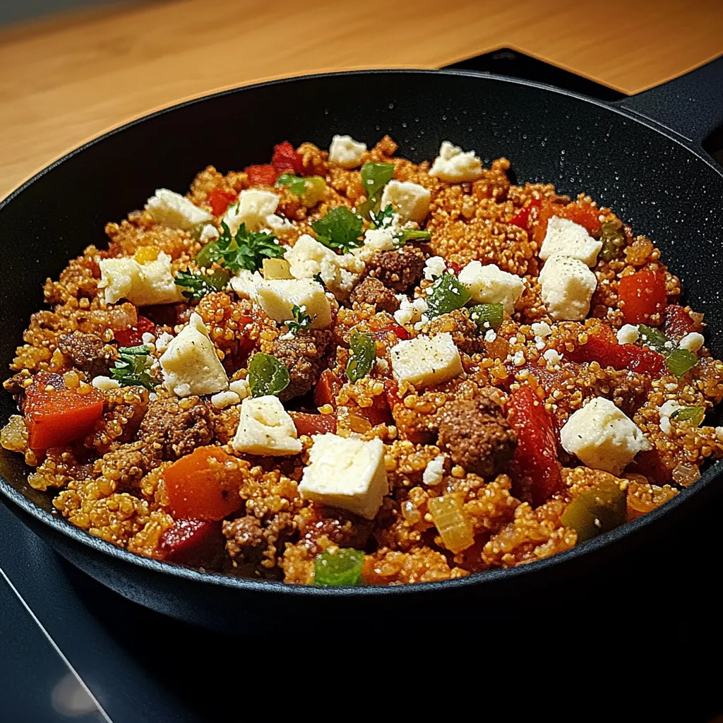 Ein Topf mit einer Mischung aus Kartoffeln, Zwiebeln, Tomaten, Käse und Rindfleisch.