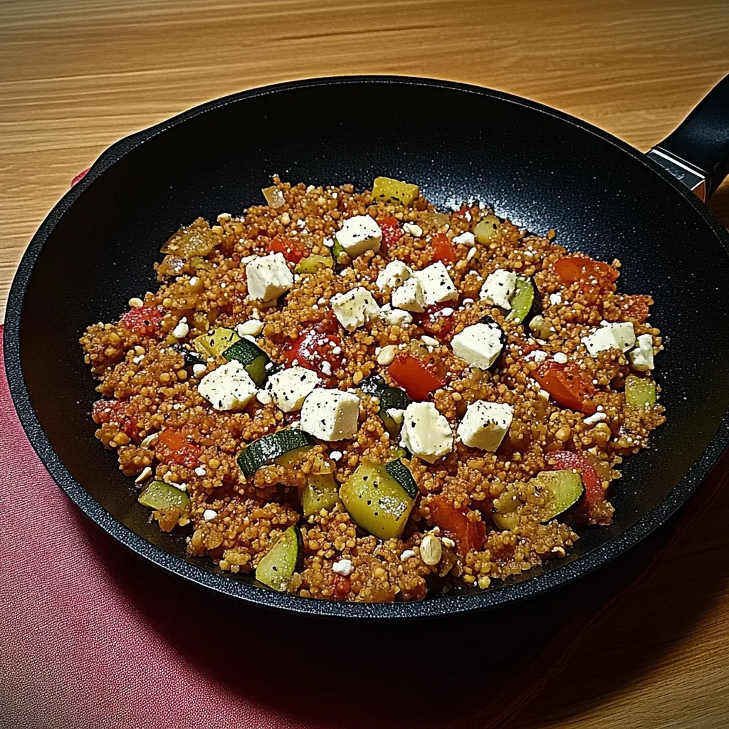 Eine Schüssel mit einer Mischung aus Reis, Zucchini, Tomaten, Zwiebeln und Käse.