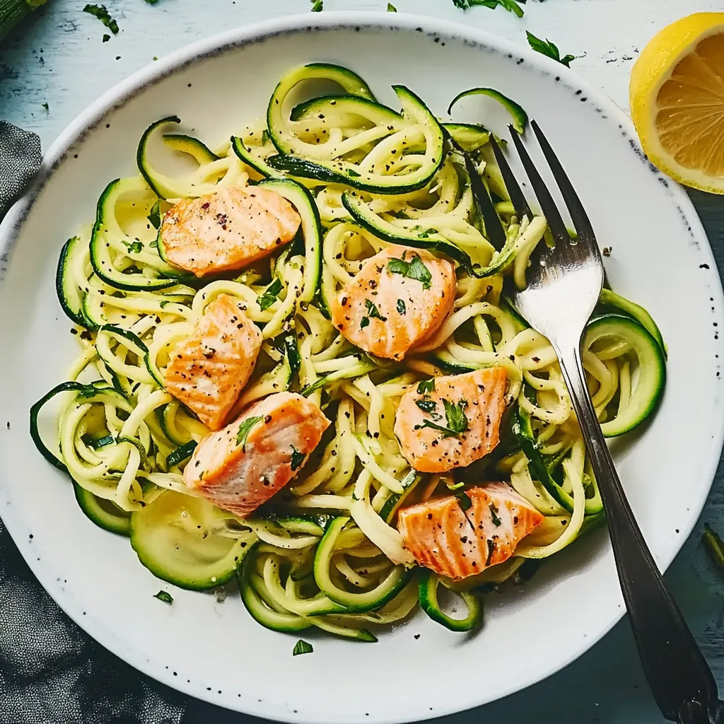 Ein weißer Teller mit Zucchini, Salat und Salmon.
