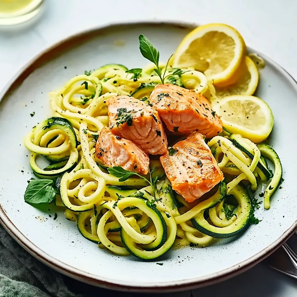 Ein Plate mit Zucchini, Salat und Salmon.