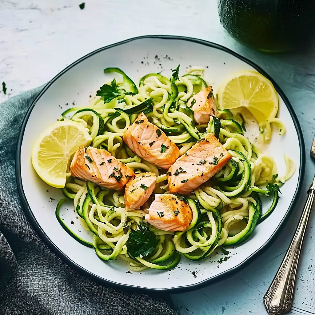 Ein weißer Teller mit Zucchini-Nudeln und Salat.