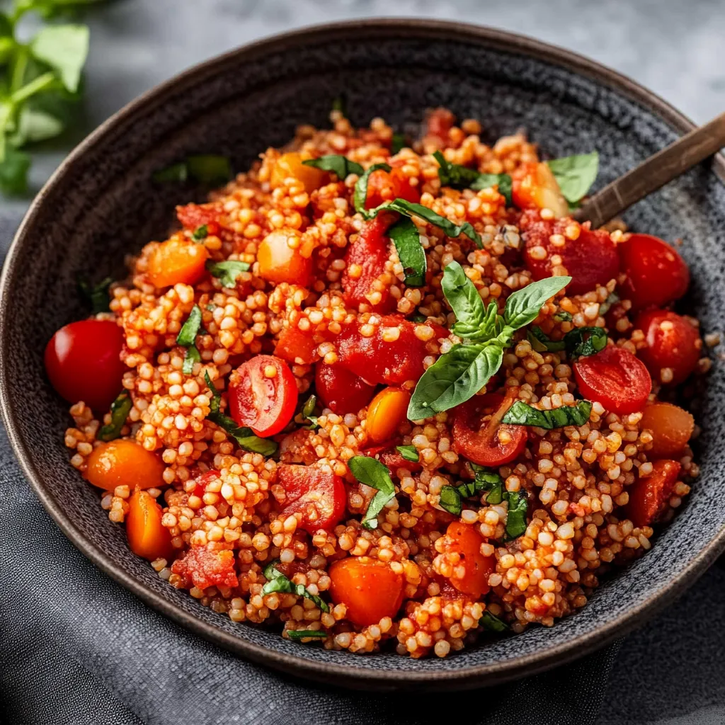 Ein Schälchen mit einer Mischung aus Reis, Tomaten, Basilikum und Zwiebeln.