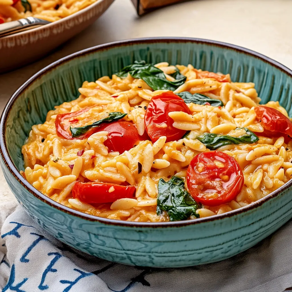 Ein Schälchen mit Pasta, Tomaten, Spinat und Kichererbsen auf einem Teller.