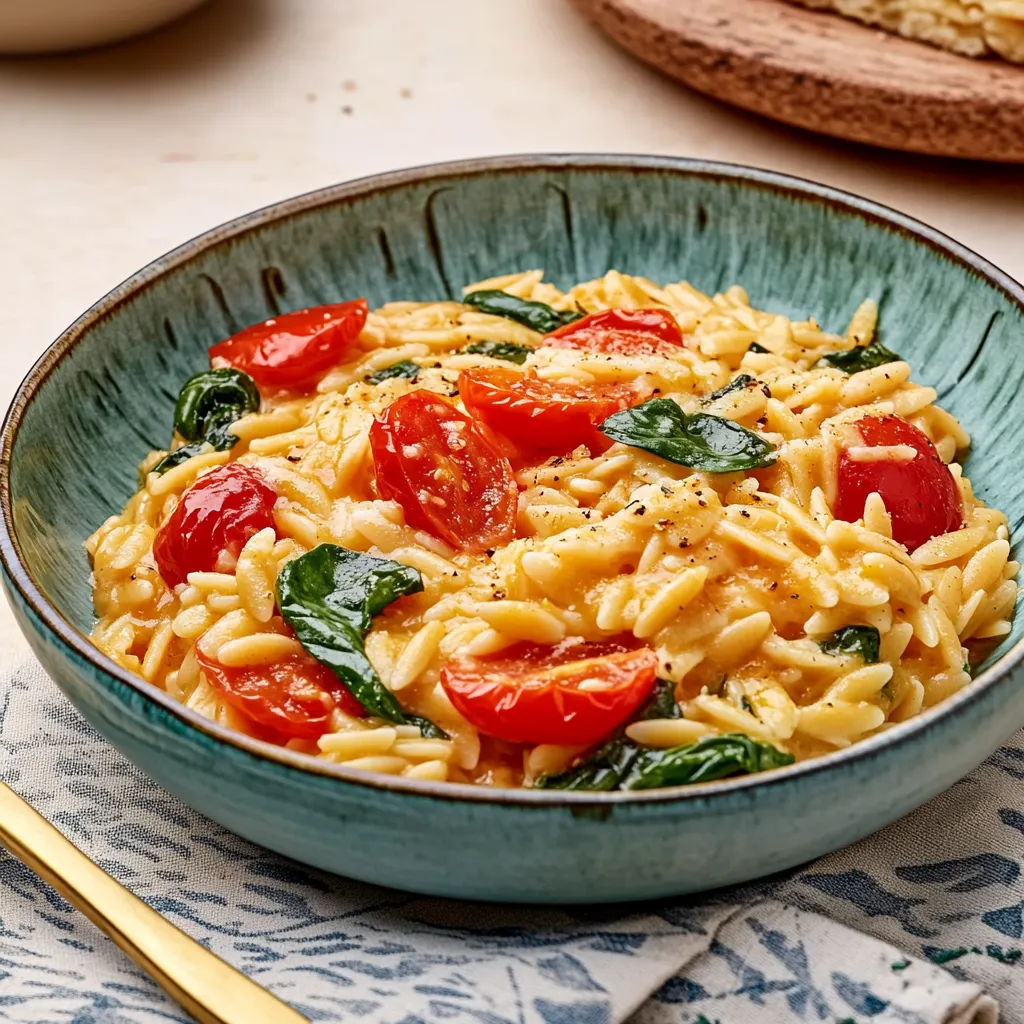 Ein Schälchen mit Pasta, Tomaten, Spinat und Koriander auf einem Teller.