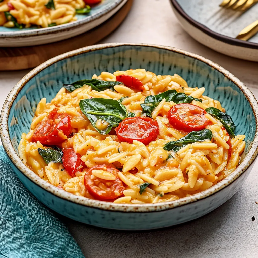 Ein Schälchen mit Pasta, Tomaten, Basilikum und Zwiebeln.