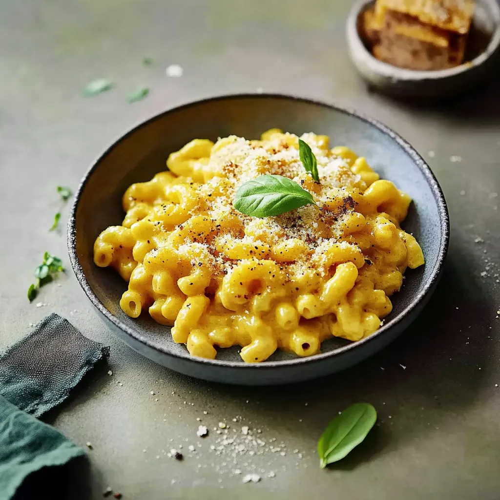 Ein Schälchen mit Macaroni und Spinat auf einem Teller.