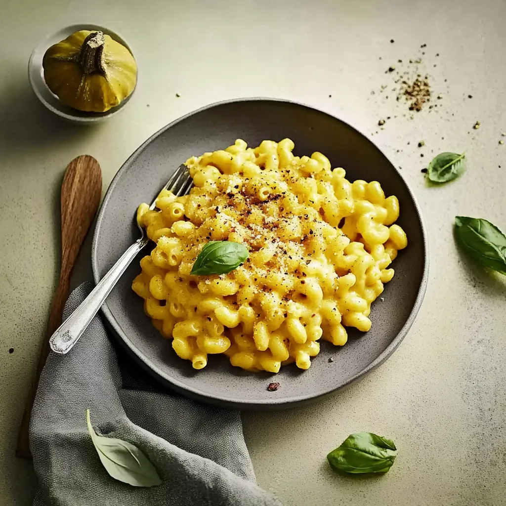 Ein Plate mit Macaroni und Basilikum.