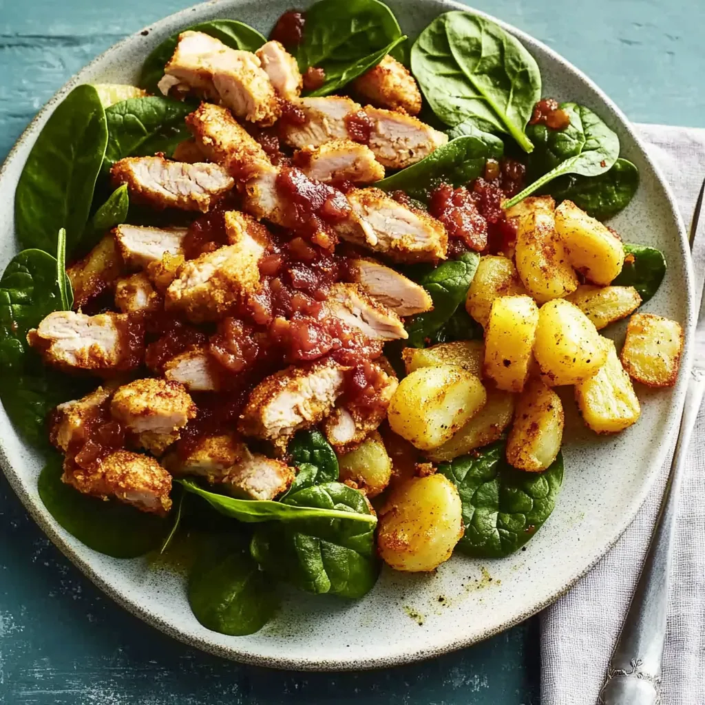 Ein Plate mit frischem Gemüse, darunter Spinat, und gegrilltem Fleisch.